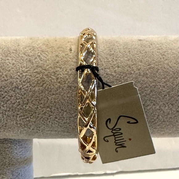 NWT Sequin by Nordstrom Clamper Bangle Bracelet shiny gold tone lattice design - Picture 7 of 13